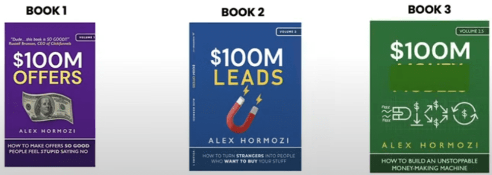 Alex Hormozi Books: Book 1: $100M OFFERS. Book 2: $100M LEADS. Book 3: $100M MONEY ______ 